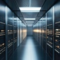 Server room with rows of high-density server racks in a modern data center. Blue lights illuminate the technology infrastructure