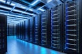 Server Room with Rows of Rack-Mounted Servers, Blue Illumination, and Cutting-Edge Technology Royalty Free Stock Photo