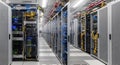 Server Room with Rows of Rack Mounted Servers Data Center Infrastructure in a Long Hallway with Steel Cabinets and Blue Royalty Free Stock Photo