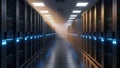 Server Room with Rows of Racks, Blue Lights, Data Center Hallway, Technology Concept Royalty Free Stock Photo