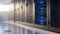 Server Room With Rows of Racks, Cables, and Blue LED Lights, Modern Data Center Interior Royalty Free Stock Photo