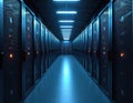 Server room with rows of server racks. Data center hosting digital information, internet infrastructure. Technological Royalty Free Stock Photo