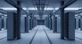 Server room with rows of racks and overhead cable trays Royalty Free Stock Photo