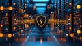 Server room security, glowing shield protecting data center with keyhole symbol