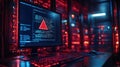 Server room shows computer screen with critical cyber alert. Dim red, blue lighting emphasizes security breach. Modern tech