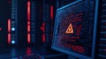 Server room shows tech alert on computer screen. Dimly lit server room displays cybersecurity alert. Warning sign highlights