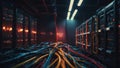 Server Room with Tangled Network Cables and Racks of Computer Hardware under Dim Lighting
