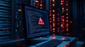 Server room tech alert. Computer screen shows warning sign. Dimly lit server room. Digital security alert. Cybersecurity threat.