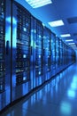 Server Room Technology. Modern Data Center With Futuristic Blue Light Reflecting Server Racks Royalty Free Stock Photo