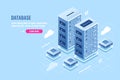 Server room, web site hosting, cloud storage, database and data center isometric icon, blockchain digital technology