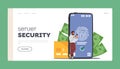 Server Security Landing Page Template. Tiny Character Stand By A Giant Phone With Fingerprint On Screen And Bank Cards