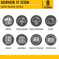 Server IT and technology icon set with solid style on isolated white background. Server IT icon set