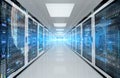 Servers data center room with storage systems and digital graphs and charts 3D rendering Royalty Free Stock Photo