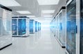 Servers data center room with storage systems and digital graphs and charts 3D rendering Royalty Free Stock Photo