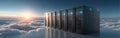 Servers drift among clouds beside the city skyline, computer racks rise above mist, digital data storage towers embody Royalty Free Stock Photo
