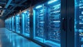 Servers hardware in modern data center room. tech provides cloud service with powerful computers. Racks perform big data Royalty Free Stock Photo
