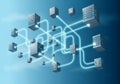 Servers interconnected by glowing lines in a digital network visualization Royalty Free Stock Photo