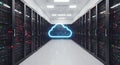Servers line the walls of a data center, forming a narrow path. Each server rack
