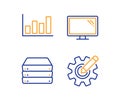 Servers, Report diagram and Monitor icons set. Cogwheel sign. Big data, Financial market, Computer component. Vector