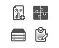 Servers, Report and Puzzle icons. Rfp sign. Big data, Presentation document, Engineering strategy. Vector