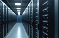 Servers rows in big datacenter. Web hosting, cloud service, hardware support. Computer equipment, rack server datum. Modern Royalty Free Stock Photo