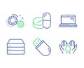 Servers, Usb stick and Medical drugs icons set. Gears, Laptop and Safe water signs. Vector Royalty Free Stock Photo