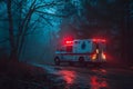An ambulance, its siren blaring urgently, races through the rain and lightning on a stormy night