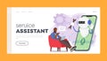 Service Assistant Landing Page Template. Male Customer Character Use Chatbot Service For Instant Support And Solutions