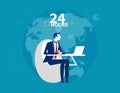 Service. Businessman working online and customer service 24 hours. Flat design style