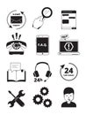 Service center black icons. Tech 24h support customer web chat help admin headset phone manager assistance people vector