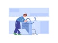 Service center repairman repairing dishwasher flat vector illustration isolated.