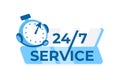 24 7 service concept with a clock and stylized text, ideal for businesses offering round-the-clock services and customer