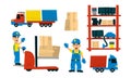 Service Delivery Set, Trucks Transport, Warehouse Building, Logistics Center, Loading, Unloading, Goods Delivery Vector