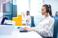 IT service desk operator woman in headset working on computer at call center. Royalty Free Stock Photo