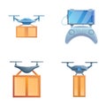 Service drone icons set cartoon vector. Shipping parcel package with drone