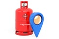 Service of filling gas cylinders. Map pointer with gas cylinder, 3D rendering