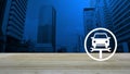 Service fix car with wrench tool flat icon on wooden table over modern office city tower and skyscraper, Business repair car servi