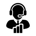 Service icon vector male customer care data support person profile avatar with headphone and bar graph for online assistant