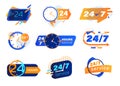 24-7 Service Icons Set. Buttons, Tags or Stickers with Clocks and Typography. Labels for Posters and Banners Design