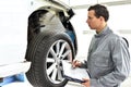 Service and inspection of a car in a workshop - mechanic inspect Royalty Free Stock Photo