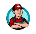 Service logo or label. Happy worker cartoon vector illustration