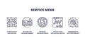 Service mesh icons depict connectivity, security, and traffic flow. Key ...