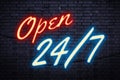 Service open any time and every day or operating nonstop concept theme with a red and blue light neon sign against a brick wall