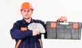 Service and payment concept. Man with toolbox got salary, money Royalty Free Stock Photo