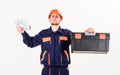 Service and payment concept. Man with toolbox got salary, money Royalty Free Stock Photo