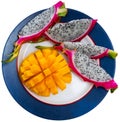 Pieces of mango and thin pieces of pitaya