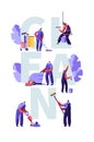 Service of Professional Cleaners Work Concept. Characters in Uniform with Cleaning Equipment, Mopping, Vacuuming Floor, Rub Royalty Free Stock Photo