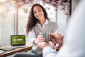 Service, remote work and a woman with a coffee from a waiter at a restaurant. Happy, cup and a worker giving a girl a Royalty Free Stock Photo