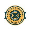 Service and repair classic car logo design, retro auto service round badge, vintage label vector Illustration on a white