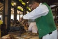 Service in a restaurant. Waiter serving grilled meat